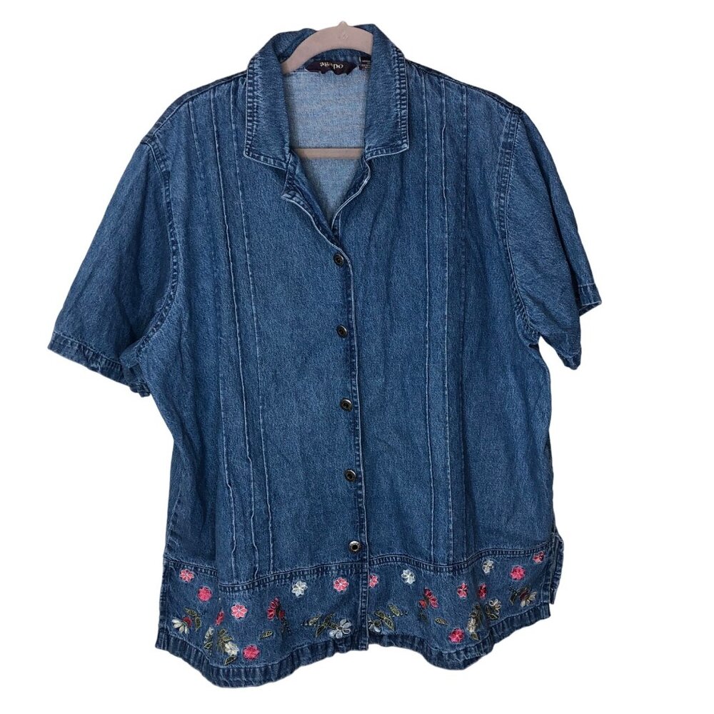 Vintage Denim Button-Up Shirt Embroidered Floral Hem Short Sleeves Size 22W  3X